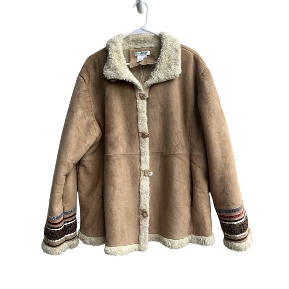 Penny Lane Vintage Y2K 90s Faux Suede & Shearling Tan Boho Coat Size 2X Retro - Picture 1 of 13